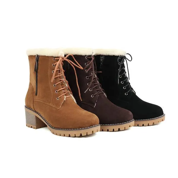 Women's Fashionable Thick Heel Fur Lace-Up Snow Boots 27059756S