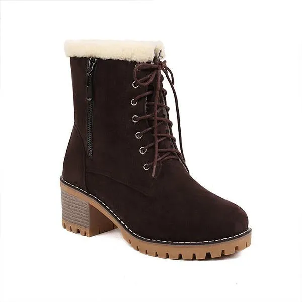 Women's Fashionable Thick Heel Fur Lace-Up Snow Boots 27059756S