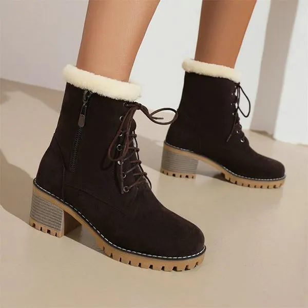 Women's Fashionable Thick Heel Fur Lace-Up Snow Boots 27059756S