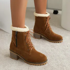 Women's Fashionable Thick Heel Fur Lace-Up Snow Boots 27059756S