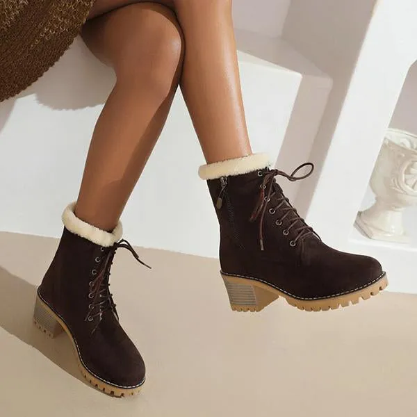 Women's Fashionable Thick Heel Fur Lace-Up Snow Boots 27059756S