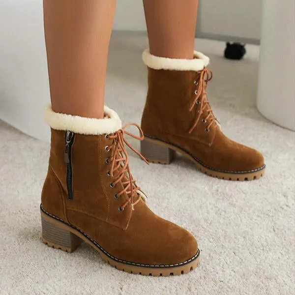 Women's Fashionable Thick Heel Fur Lace-Up Snow Boots 27059756S