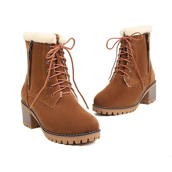 Women's Fashionable Thick Heel Fur Lace-Up Snow Boots 27059756S