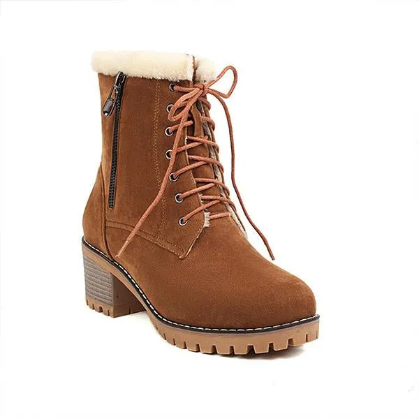 Women's Fashionable Thick Heel Fur Lace-Up Snow Boots 27059756S