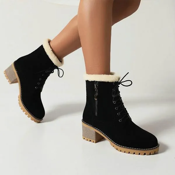 Women's Fashionable Thick Heel Fur Lace-Up Snow Boots 27059756S