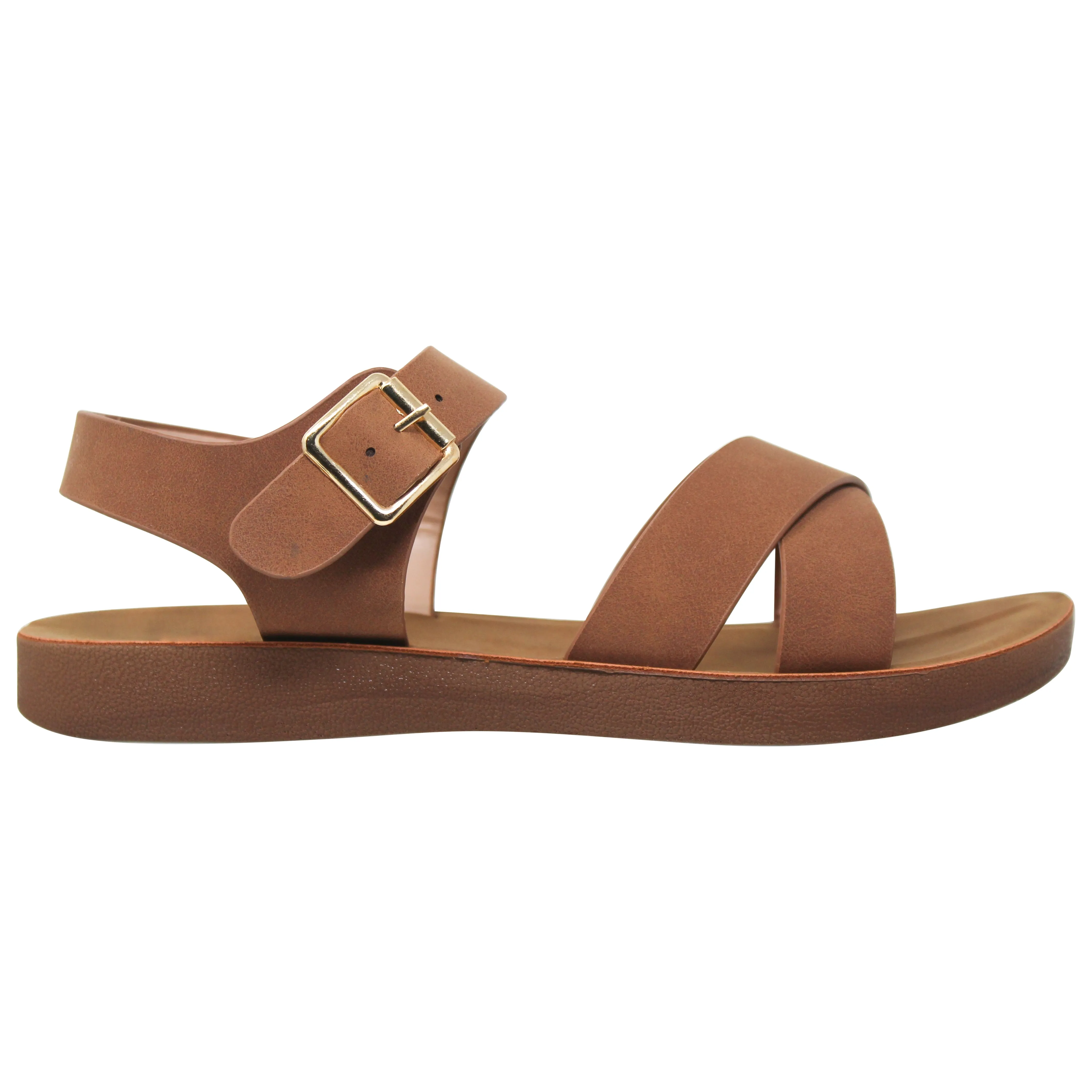 Women's Flatform Sandals X-Cross Ankle Strap Gold Buckles Tan