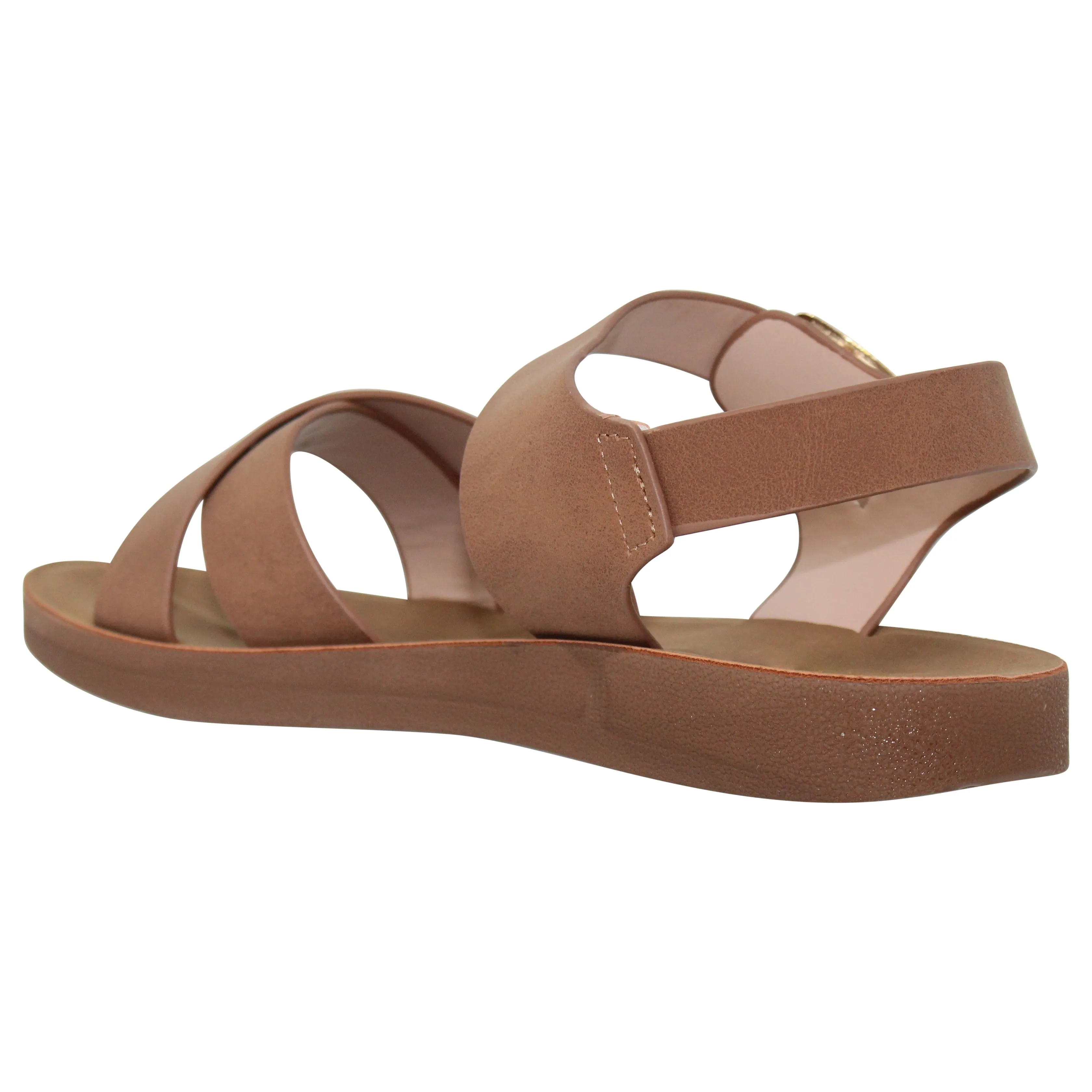 Women's Flatform Sandals X-Cross Ankle Strap Gold Buckles Tan
