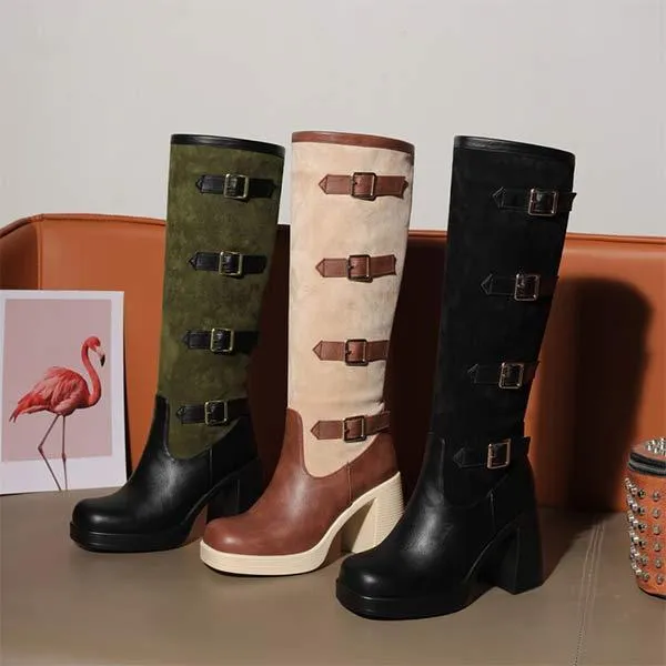 Women's Square-Toe High Heel Fashion Boots with Metal Buckle Detail 91720810C