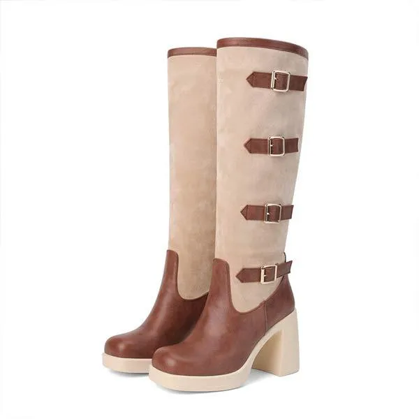 Women's Square-Toe High Heel Fashion Boots with Metal Buckle Detail 91720810C
