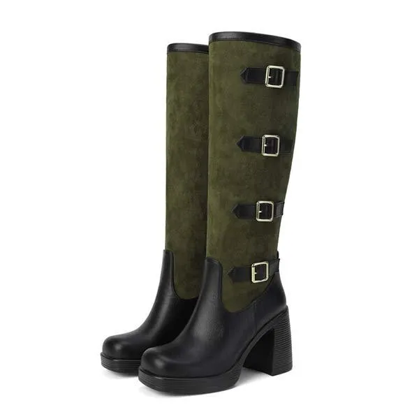 Women's Square-Toe High Heel Fashion Boots with Metal Buckle Detail 91720810C