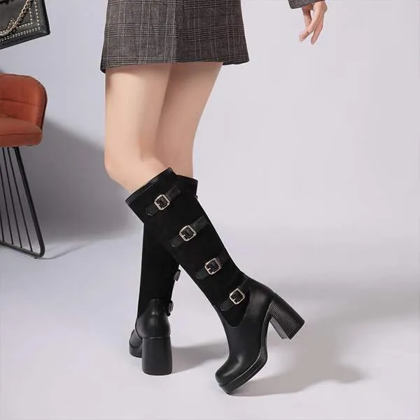 Women's Square-Toe High Heel Fashion Boots with Metal Buckle Detail 91720810C