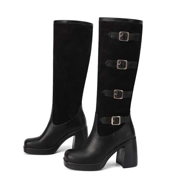 Women's Square-Toe High Heel Fashion Boots with Metal Buckle Detail 91720810C