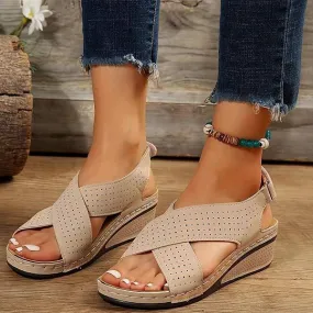 Women's Wedge Sandals with Stitching Detail and Velcro Closure 70347996C