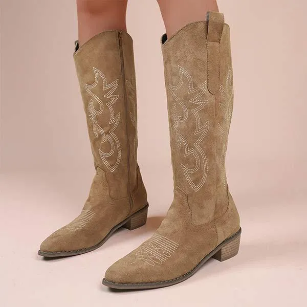 Women's Western Cowboy Boots with Embroidery and Chunky Heel Knee-High Boots 81643607C