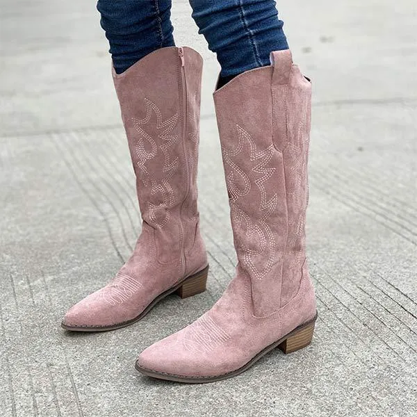 Women's Western Cowboy Boots with Embroidery and Chunky Heel Knee-High Boots 81643607C