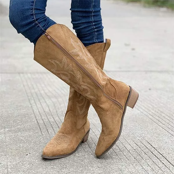 Women's Western Cowboy Boots with Embroidery and Chunky Heel Knee-High Boots 81643607C