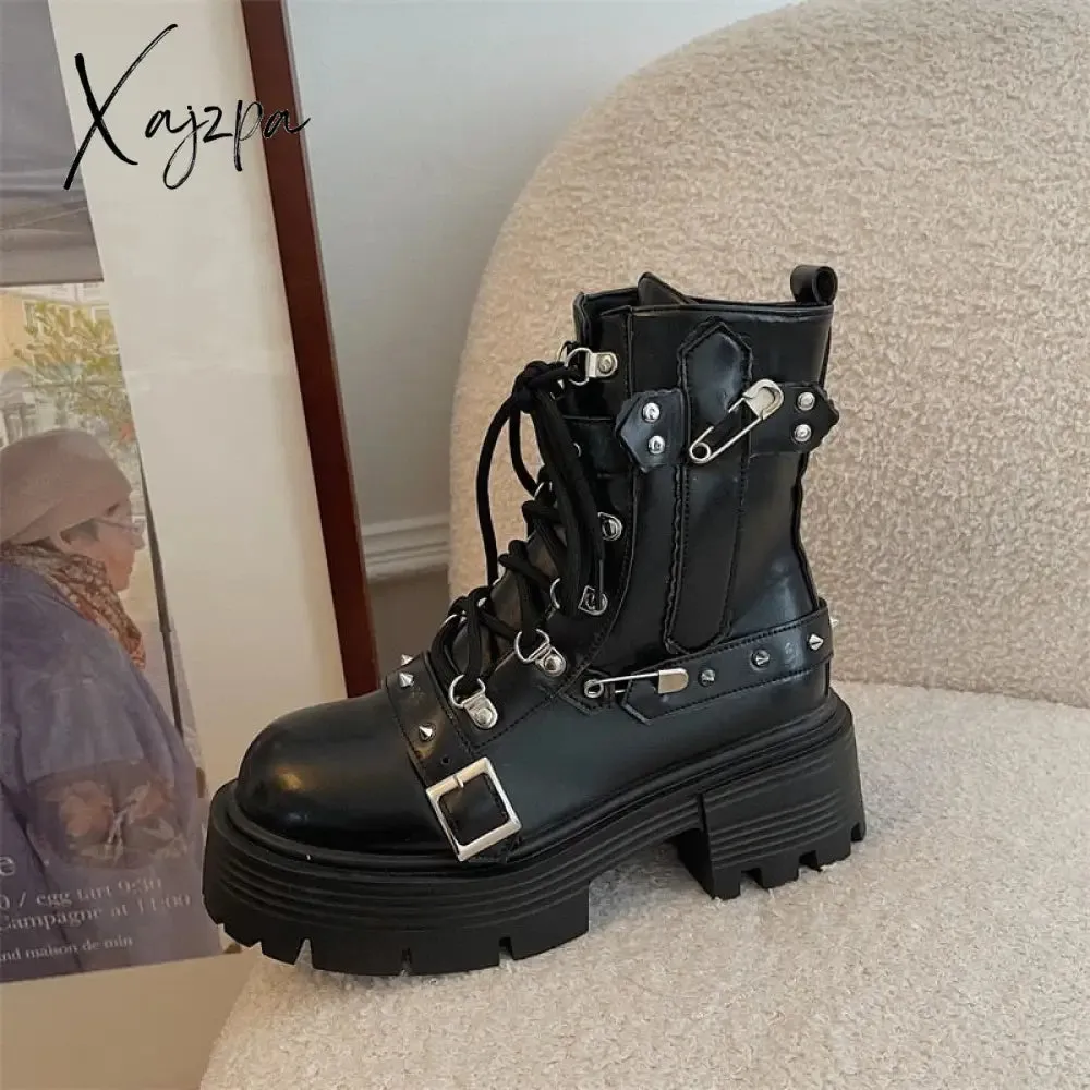 Xajzpa - Fashion New Women's Biker Boots Patent Leather Breathable Zipper Lolita Platform Boots 2023 Winter New Retro Gothics Boots