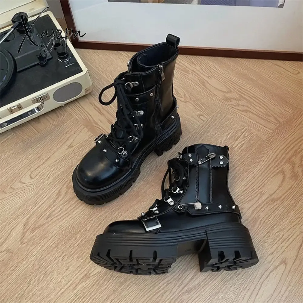 Xajzpa - Fashion New Women's Biker Boots Patent Leather Breathable Zipper Lolita Platform Boots 2023 Winter New Retro Gothics Boots