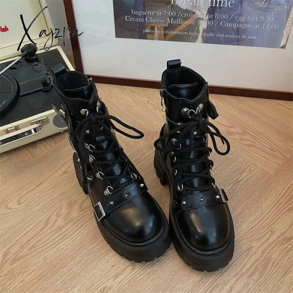 Xajzpa - Fashion New Women's Biker Boots Patent Leather Breathable Zipper Lolita Platform Boots 2023 Winter New Retro Gothics Boots