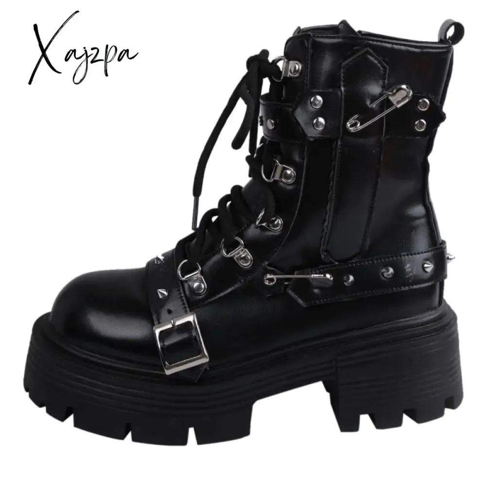 Xajzpa - Fashion New Women's Biker Boots Patent Leather Breathable Zipper Lolita Platform Boots 2023 Winter New Retro Gothics Boots