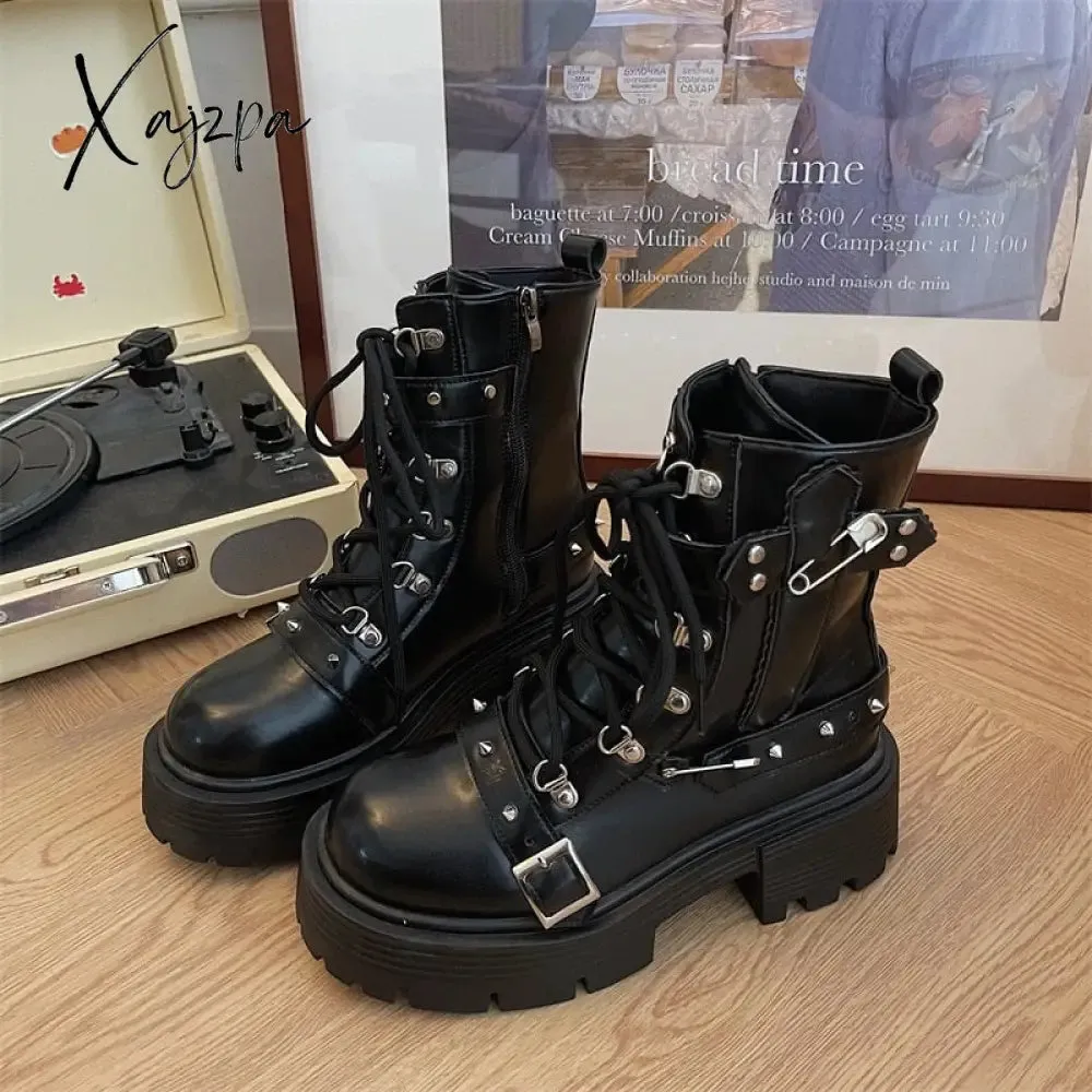 Xajzpa - Fashion New Women's Biker Boots Patent Leather Breathable Zipper Lolita Platform Boots 2023 Winter New Retro Gothics Boots