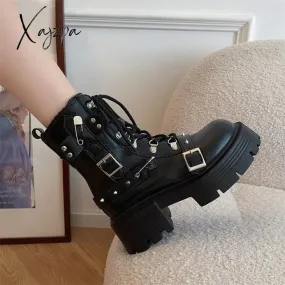 Xajzpa - Fashion New Women's Biker Boots Patent Leather Breathable Zipper Lolita Platform Boots 2023 Winter New Retro Gothics Boots