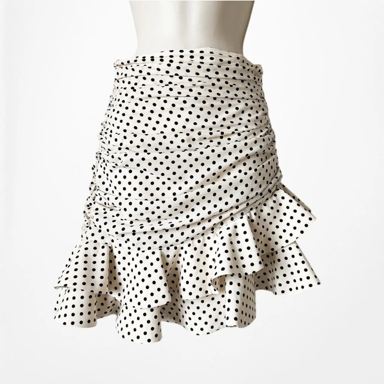 Zara Off White Polka Dot Pleated Ruffle Asymmetric Fit Flared Mini Skirt Size XS