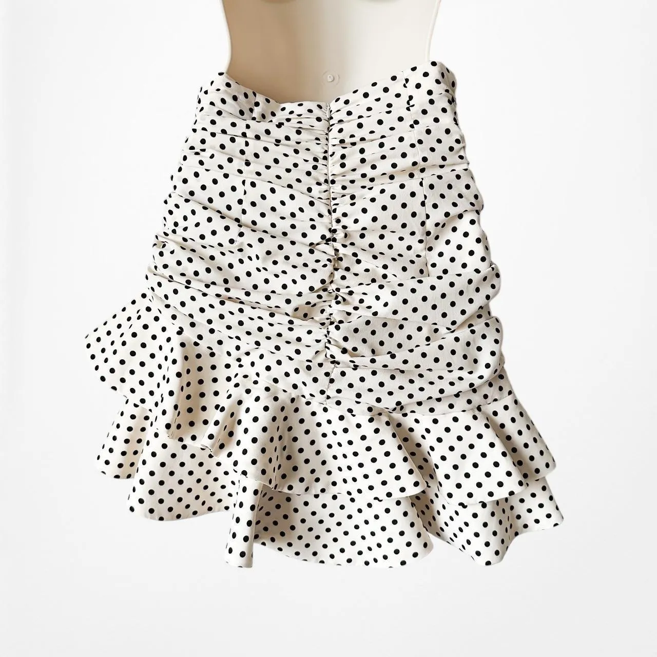 Zara Off White Polka Dot Pleated Ruffle Asymmetric Fit Flared Mini Skirt Size XS