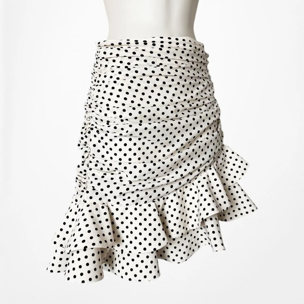 Zara Off White Polka Dot Pleated Ruffle Asymmetric Fit Flared Mini Skirt Size XS